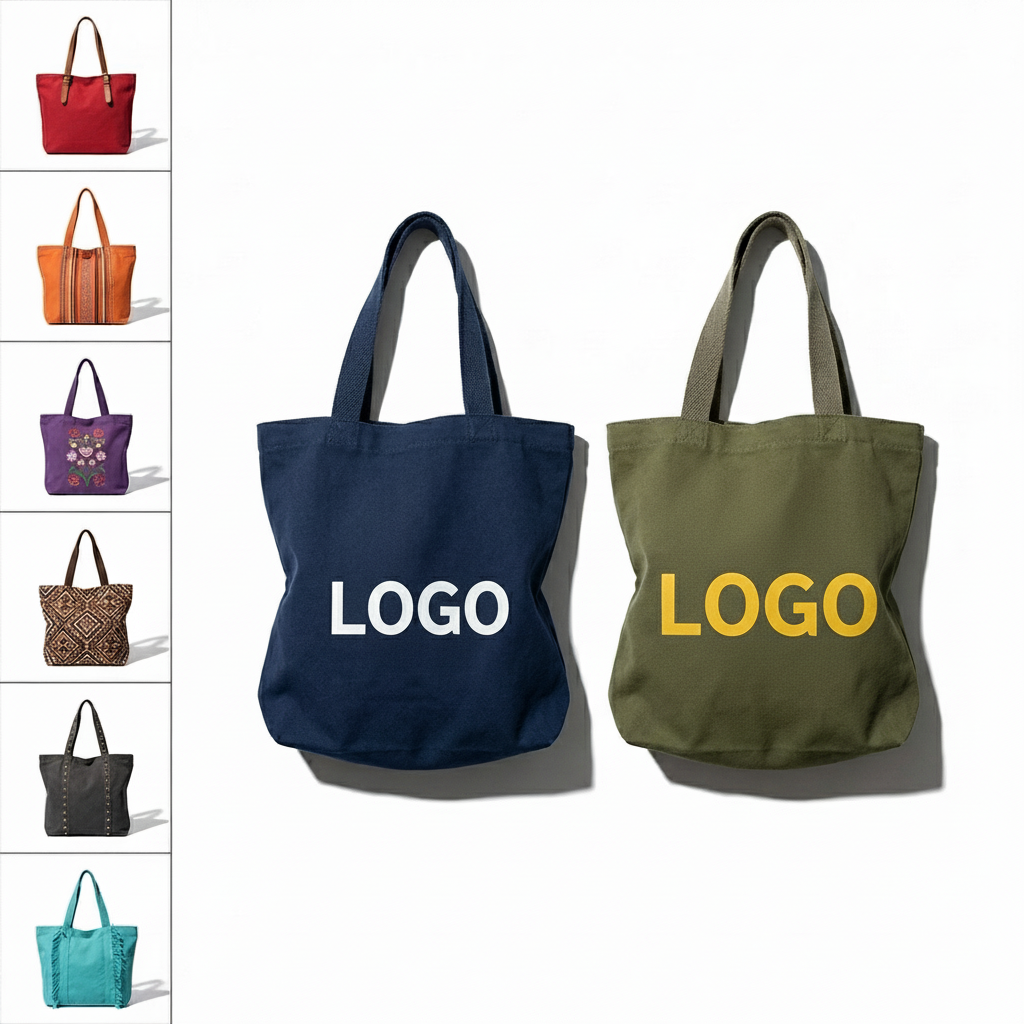 Reusable Navy & Olive Cotton Canvas Tote with Leather Accent